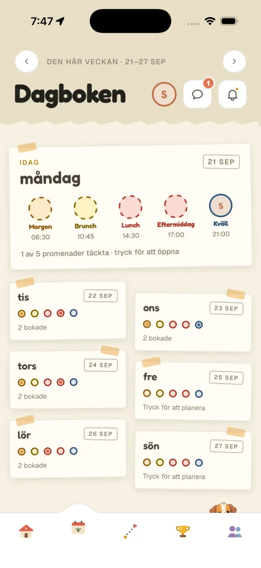 Journalen: veckans promenader, vem som gick och när