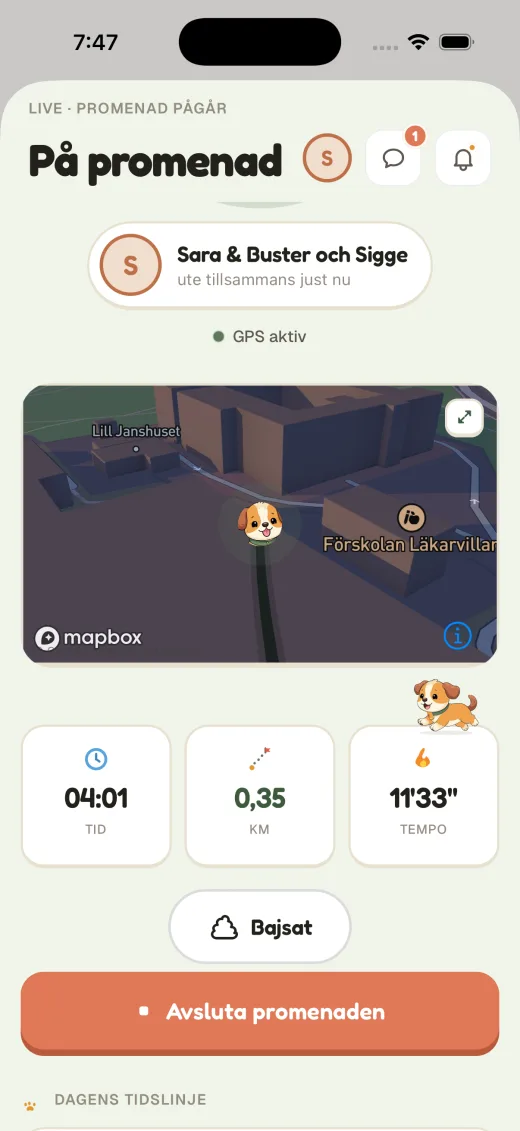 En promenad pågår, spårad live på en 3D-karta med tid, sträcka och tempo